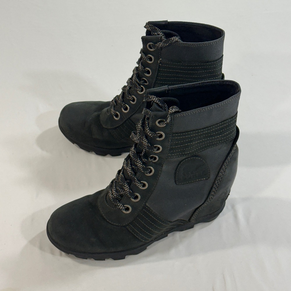 Sorel Womens Joan of Arctic Wedge II Boot Leather Canvas Lace Up Black 9.5‎